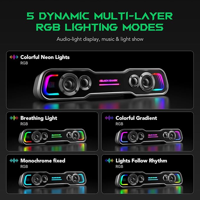 Black Shark Bluetooth Computer Speakers for Desktop, Dynamic Multi-Layer RGB Lighting Gaming PC Speaker with Deep Bass, USB C/USB Powered Sound-bar for Computer Desktop PC Monitor Laptop (BS-SP1)