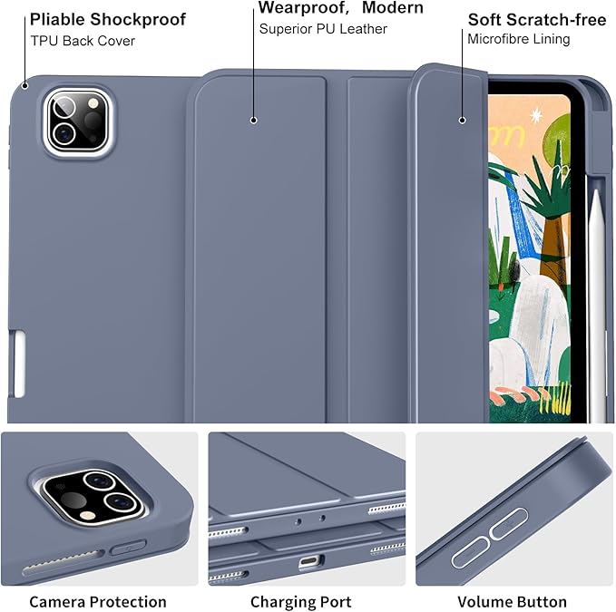 Case for iPad Pro 12.9 Inch Case 6th/5th/4th/3rd Generation with Pencil Holder, Smart Stand Cover with Soft TPU Back for iPad 12.9 Pro Case (2022/2021/2020/2018), Auto Sleep/Wake, Purple Gray