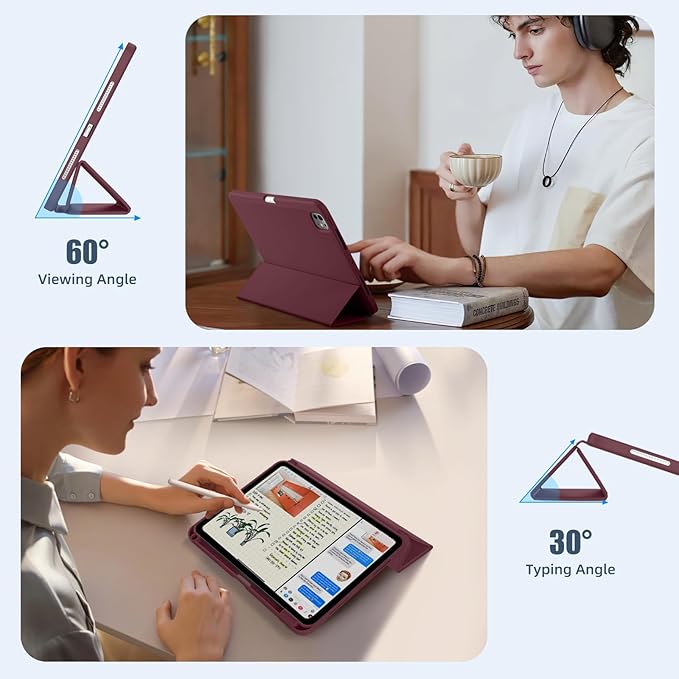 Kidopire New Compatible with iPad Pro 11 Inch Case (M4 2024/M5 2025) with Pencil Holder, Smart Cover with Protective Trifold Stand & Soft TPU Back, Auto Wake/Sleep, Support Pencil Pro, Wine Red
