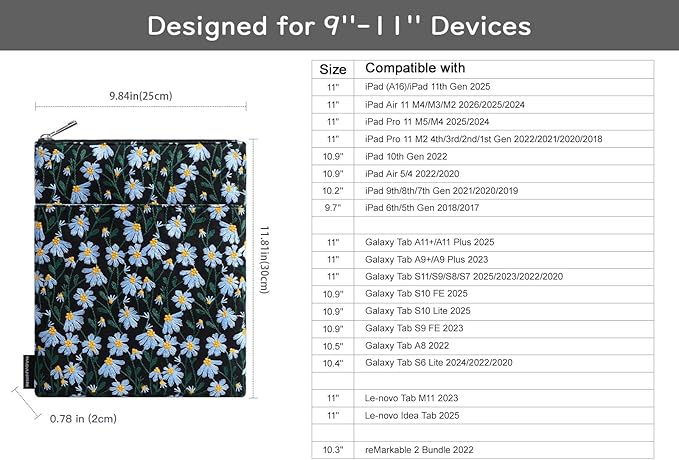 Dadanism 9-11 Inch Embroidered Daisy Padded Carrying Case Protective Tablet Sleeve for iPad A16 11th Gen 11"/10th Gen 10.9", iPad Air 11"/Pro 11"/Air 5th 4th 10.9", Galaxy Tab A11+ Plus 11", Black