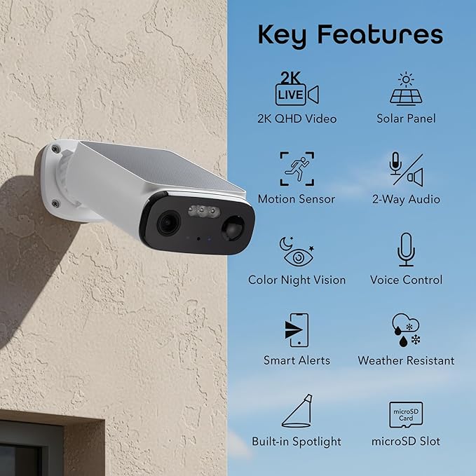 Geeni Falcon Smart Solar Battery Camera 2K+ – Outdoor Camera Wireless, Weather Resistant with Solar-Powered Battery, Motion Alerts, Color Night Vision, Two-Way Audio — 1-Pack, White
