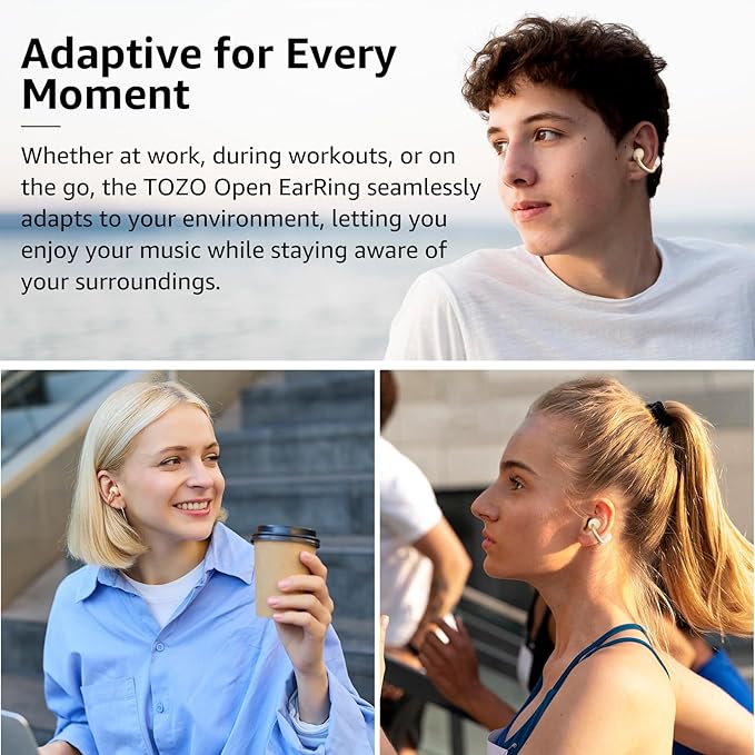 TOZO OpenEarRing True Open Ear Earbuds, Lightweight Comfort Open Ear Clip Wireless Earbuds, 40H Play Bluetooth 5.4 Headphones with Smart Digital Display Design Fit Sports Running, Workout Khaki