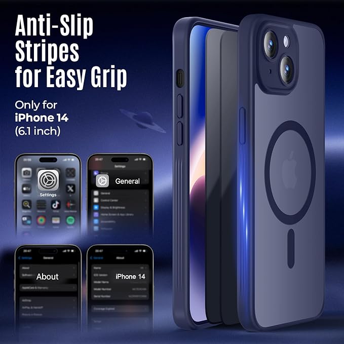 Symcele Designed for iPhone 14 Case, Compatible with MagSafe, with Privacy Screen Protectors X2, [Camera Protection] [15FT Military Drop Protection] Shockproof Phone Case, 6.1", Deep Blue