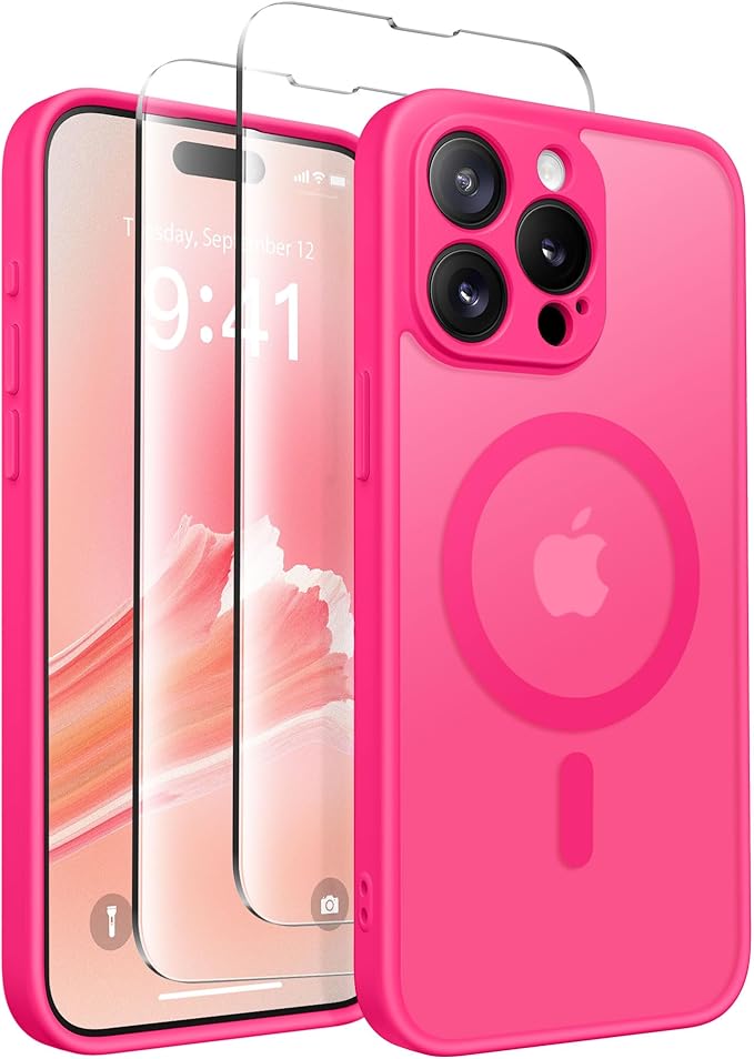 CAPRARO Magnetic for iPhone 15 Pro Case, [Compatible with MagSafe] [Full Camera Protection] Shockproof Protective Slim Translucent Matte Phone Case for iPhone 15 Pro 6.1'', Hot Pink