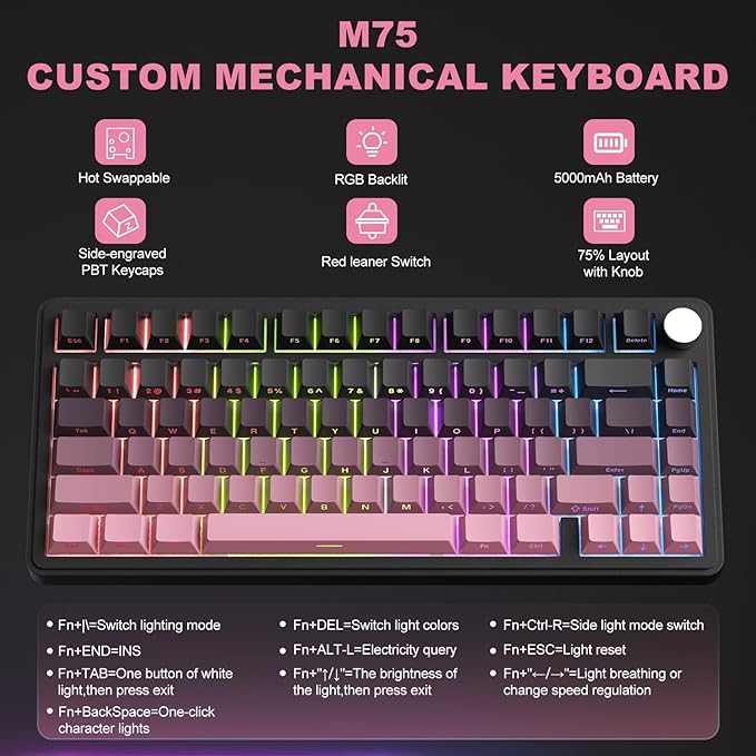 M75 Mechanical Keyboard,75% Gasket Hot Swappable,RGB Backlit,Side Printed PBT Keycaps,2.4Ghz/Bluetooth/USB-C Gaming Keyboards (Black and Pink)