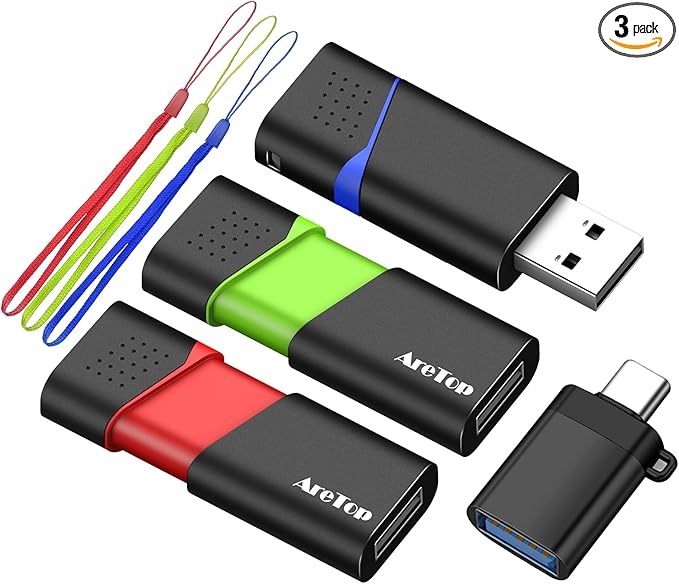 AreTop 64GB Flash Drive 3 Pack with Type C Adapter, Retractable USB 2.0 Thumb Drive Multicolor USB Drive for Date Storage, High Speed Jump Drive with LED Indicator Lanyard, 3 Pack (Red, Green, Blue)