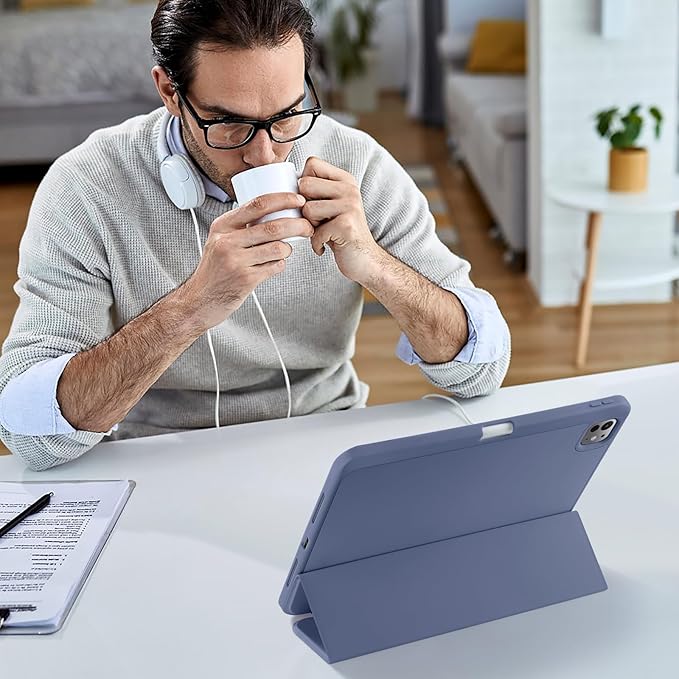 Kidopire New Compatible with iPad Pro 11 Inch Case (M4 2024/M5 2025) with Pencil Holder, Smart Cover with Protective Trifold Stand & Soft TPU Back, Auto Wake/Sleep, Support Pencil Pro, Blue Gray