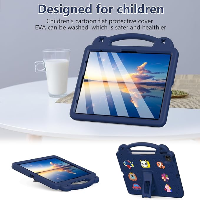 Kids Case for iPad Air 13 inch M3 2025/M2 2024,iPad Pro 13 inch M4 2024 & iPad Pro 12.9 inch Case 6th/5th/4th/3rd Gen 2022 2021 2020 2018 with Stand/Pencil Holder/Handle, Navy Blue Bear