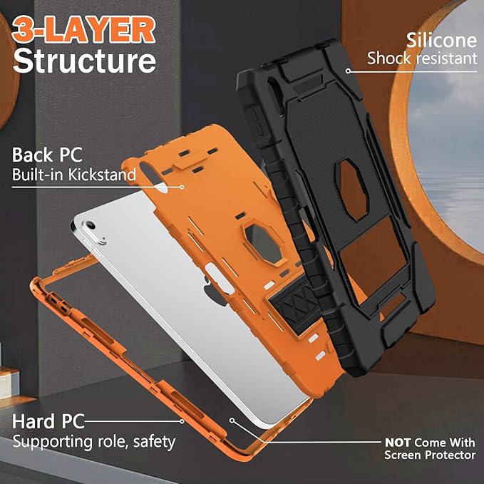 ZoneFoker Case for iPad (A16) 11th/10th Generation 11/10.9 inch 2025/2022, Heavy Duty Military Grade Shockproof Rugged Cover with Pencil Holder/Stand for i Pad 11th / 10 th Gen(Black+Orange)