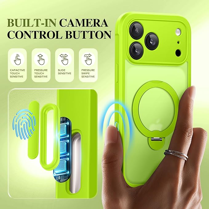 BERFY for iPhone 17 Pro Max Case, Compatible with MagSafe, Built in Privacy Screen Protector, Shockproof Full Body Phone Case for 17 Pro Max with Magnetic Stand, Translucent Bright Green
