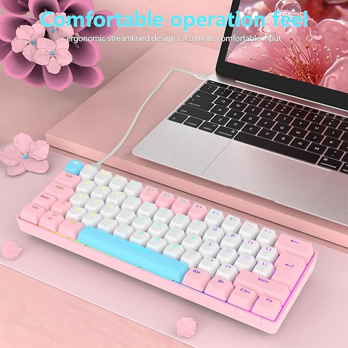 RK-T60 Wired 60% TKL Mechanical Gaming Keyboard Led Rainbow Backlight Ultra-Compact NKRO Linear Red Switch ABS Keycap RGB Honeycomb Mice Coiled Aviator Cable for Windows Laptop PS4/PC/WIN Gamer
