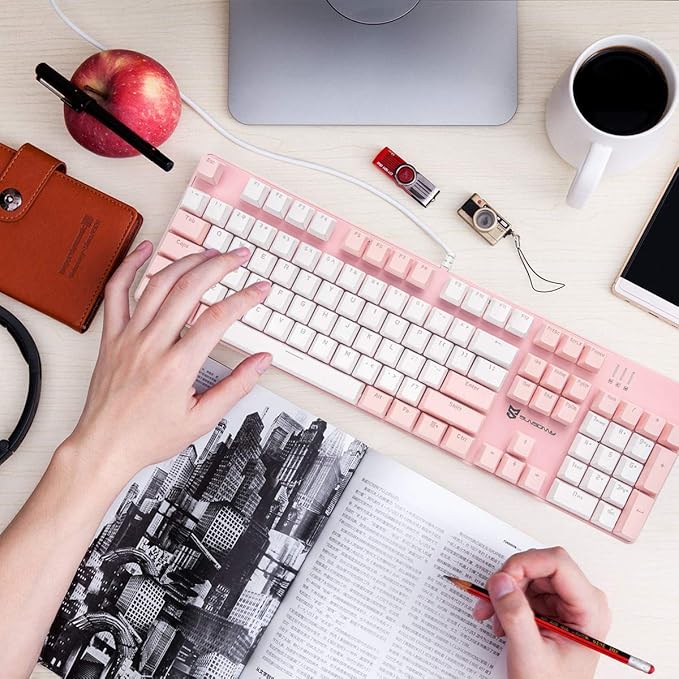 Merdia 104 Keys Full Size Mechanical Keyboard | Brown Switch, Pink & White Color 104 Keys US Layout Led Backlit Hot Swappable Wired Mechanical Light Up Pink Keyboard | Wired Gaming Computer Keyboards