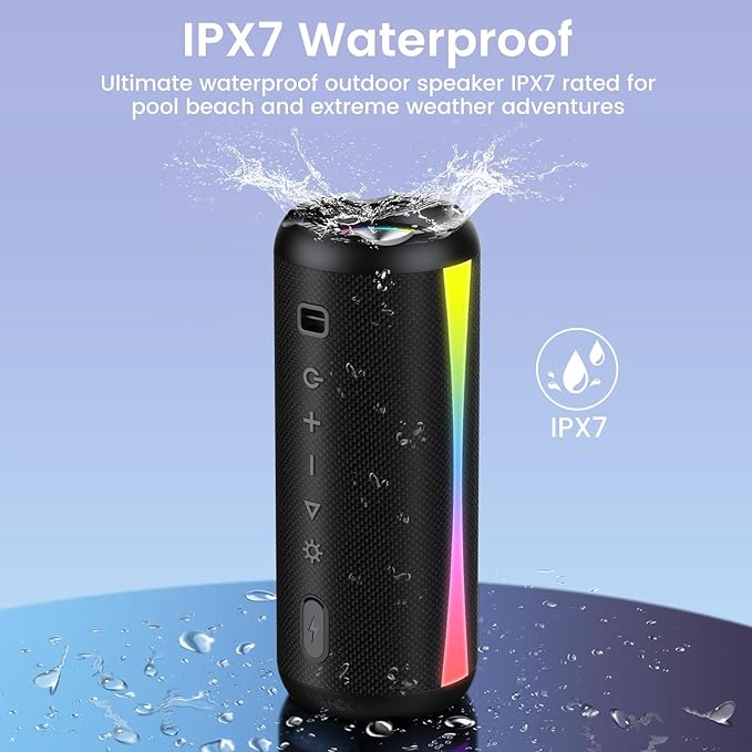 Portable Bluetooth Speaker, 2026 Bluetooth Wireless Speaker 5.4 with RGB Lights, 30H Playtime with Deep Bass, IP7 Waterproof, TWS Pairing, Portable Speaker for Travel/Party/Home/Gifts, Black