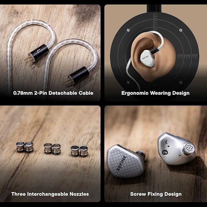 Linsoul Kefine Klean in Ear Monitor,10mm DLC Diaphragm Dynamic Driver HiFi Earphones,Wired Gaming Earbuds,Replaceable Nozzles,Detachable Silver-Plated Cable for Audiophile (No Mic 4.4mm, Silver)