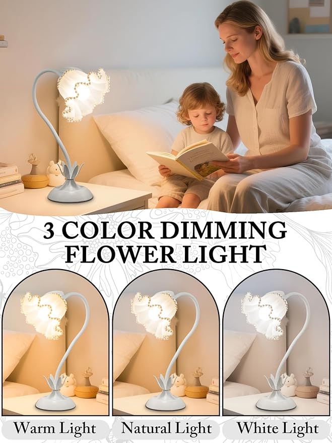 AQDZCNF Flower Table Lamp,LED Reading Light Bedside Vintage Flower Night Light,3 Colors Modes Kawaii Bedside Lamps Decor,Living Room Bedroom Room Lighting Table Lamps Home Decoration (White Pearls)