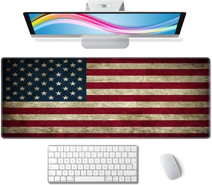 Large Gaming Mouse Pad with Stitched Edges, Vintage American Patriotic US Flgas Desk Mat, Extended XL Keyboard Pad, Non-Slip Rubber Base Desk Pad for Keyboard and Mouse, 31.5X11.8 inch