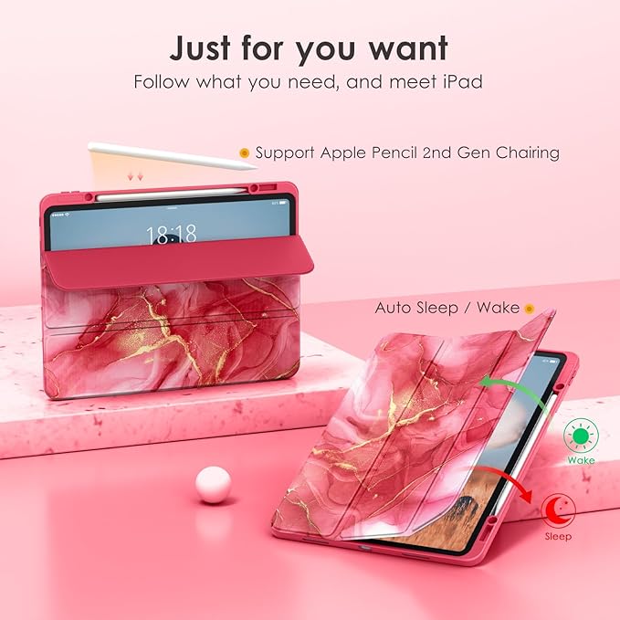 VIKESI Case for iPad Pro 12.9 6th/5th/4th/3rd Generation 2022/2021/2020/2018,TPU Shockproof Frame,Built-in Pencil Holder,Auto Sleep/Wake - Red Marble