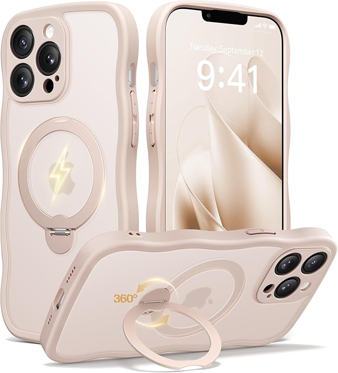 CAPRARO for iPhone 13 Pro Max Case with 360° Spin Magnetic Stand for Women, [Compatible with MagSafe] [Full Camera Protection] Cute Wave Translucent Matte Case for iPhone 13 Pro Max, Rose Gold