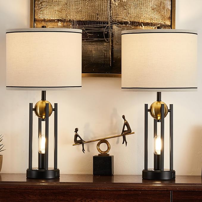 25'' Farmhouse Table Lamps for Living Room Set of 2 with USB C+A Ports, Rustic Vintage Bedside Lamp for Bedroom, Touch Lamps for Nightstand, Dual Lights Independent Switch, Bulb Included, Gold