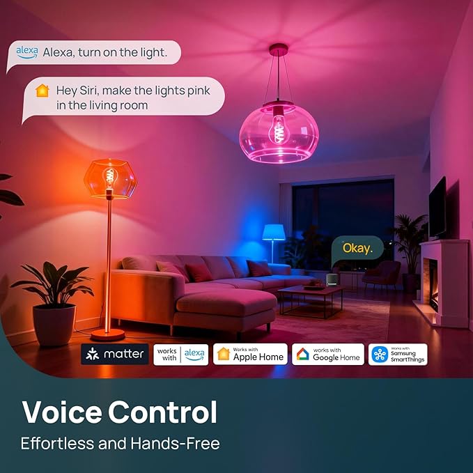 Linkind Matter Smart Light Bulbs, Works with Alexa/Apple Home/Google Home, A19 Smart Edison Bulb with Music Sync & Light Show, Tunable White(1800K-6500K), E26 LED 60W Eqv 850LM, 1Pack