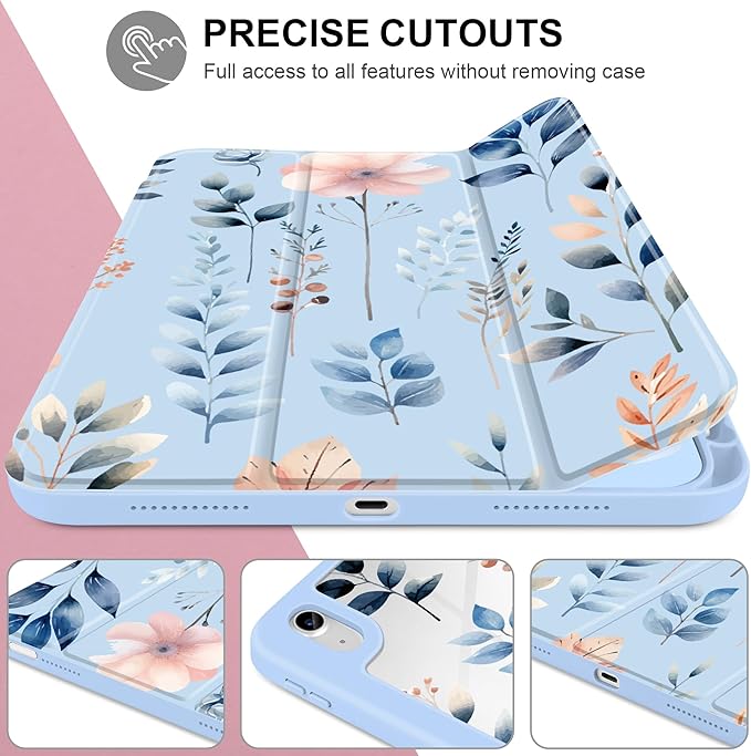 Case for iPad Air 13 inch 2026 M4 2025 M3 2024 M2 Release Slim Lightweight Shockproof Cute Blue Cover with Clear Back TPU Edge Pencil Holder Trifold Stand Auto Wake Sleep, Hand-Drawn Leaves