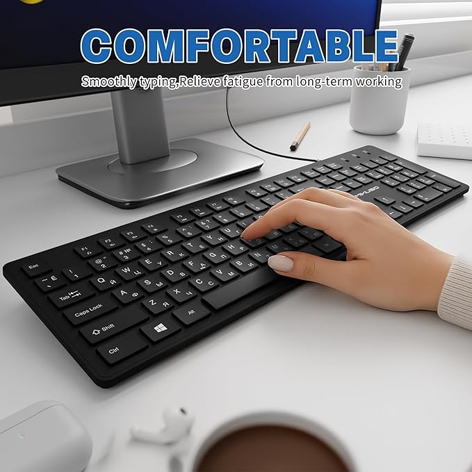 Wired Russian USB Keyboard with Cyrillic Letters English ЙЦУКЕН Layout- Full Size Design with Number Pad,Suitable for Russian Translation, Self-Study, Academic Research,Non Worn Characters