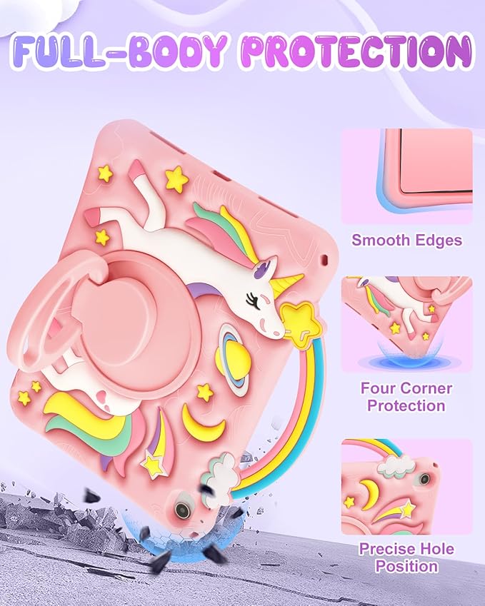 Boaretiu for iPad A16 Case/10th Generation Case - Girls Teens Cute Cartoon Rainbow Unicorn 10.9 Inch 2022 Tablet Cover with Strap & Rotating Stand Soft 3D Silicone Funda for iPad 11th 11 Inch 2025
