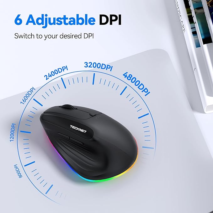 TECKNET RGB Rechargeable Wireless Ergonomic Mouse - USB+Bluetooth Multi-Device LED Vertical Mouse with 11 RGB Backlight Modes, 4800 DPI Adjustable, Ergo Mice for Windows and Mac, Black