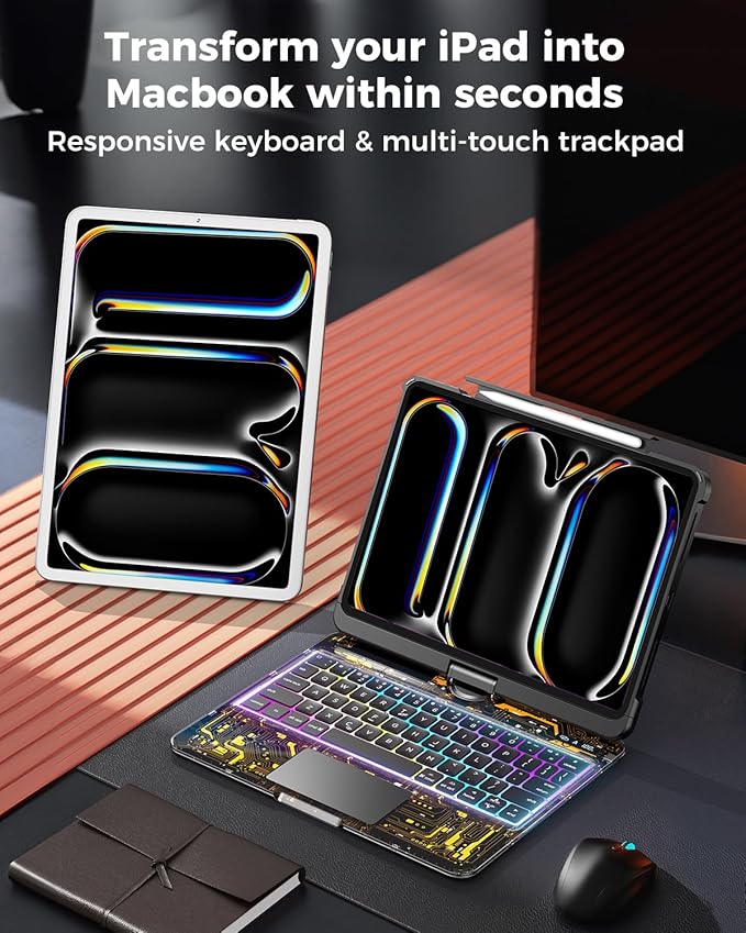 TSQQST Clear Wireless Keyboard Case for iPad Pro 11 Inch (M5/M4) 2025/2024 with Pencil Holder & Multi-Touch Trackpad, Visible PCB, 3-Brightness & 7-Color Backlight, 360° Rotating Stand, Black