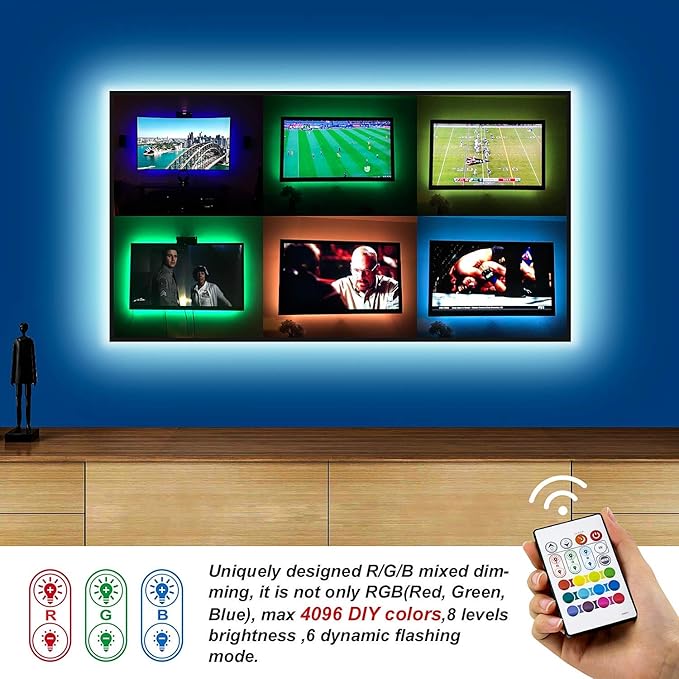 BASON LIGHTING TV LED Backlight, 14.76ft USB Led Lights Strip for 60-70 TV/Monitor Backlight, LED TV Lights with Remote, 4096 DIY Colors TV Bias Lighting for HDTV, PC,Updated.