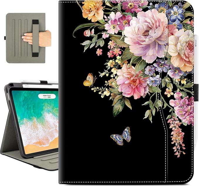 Vimorco for iPad Air 13 Inch Case M4/M3/M2 2026/2025/2024 Black Floral, for iPad Air 13 Case for Girls Women, Pencil Holder/Hand Strap/Pocket/Screen Protection Band, Flower Butterfly