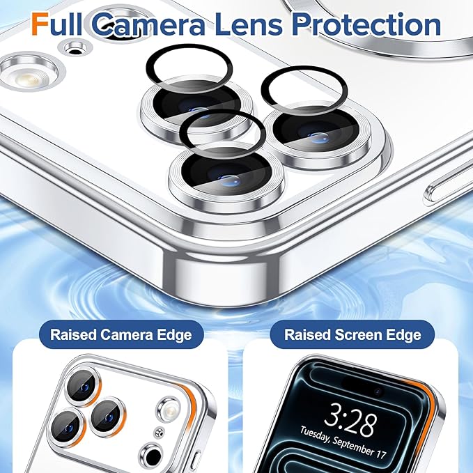 Hython Magnetic Clear for iPhone 17 Pro Max Case with Camera Lens Protector [Compatible with MagSafe] Plating Edge Slim Soft TPU Cover Protective Phone Case for iPhone 17 Pro Max 6.9", Silver