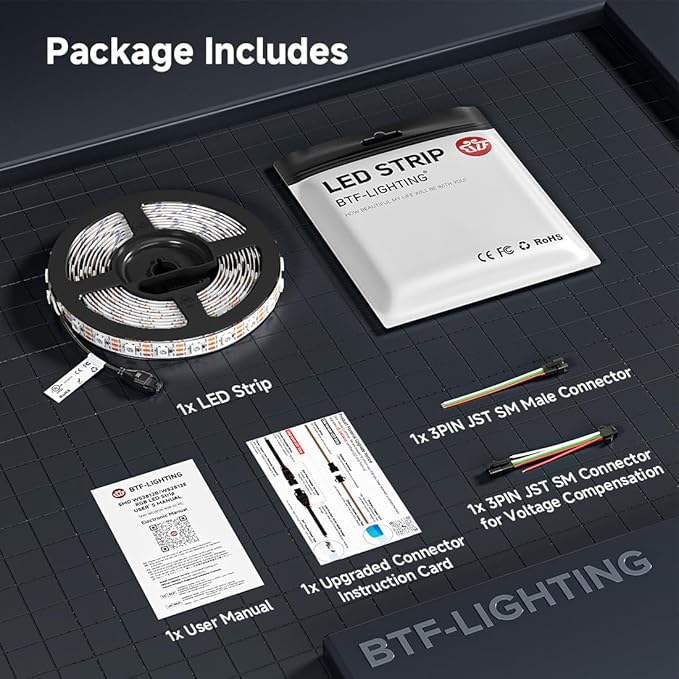 BTF-LIGHTING WS2812B IC RGB LED Strip,UL Listed,Pure Gold Wires,DC5V 16.4FT 300LED 5050SMD,Individually Addressable,Flexible for DIY Chasing Full Color Project,3M Tape,IP30(No Adapter or Controller)