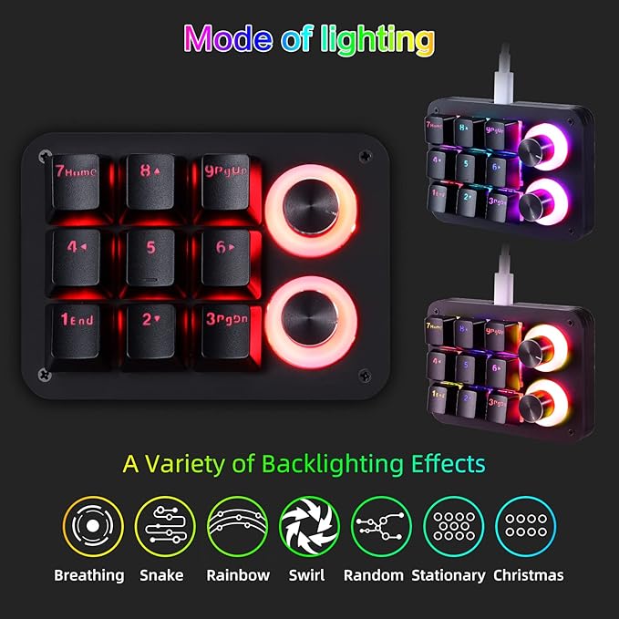 Koolertron 9-Key Mechanical Numpad with 2 Programmable Knobs, LED Backlit Macro Gaming Keyboard, Fully Customizable Numeric Keypad for PC
