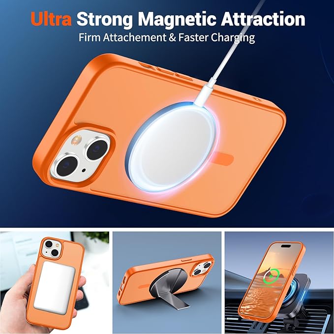 SUPFINE Magnetic for iPhone 15 Case (Compatible with MagSafe) (Military Grade Drop Protection) Translucent Matte Shockproof Phone Cover,Starry Orange