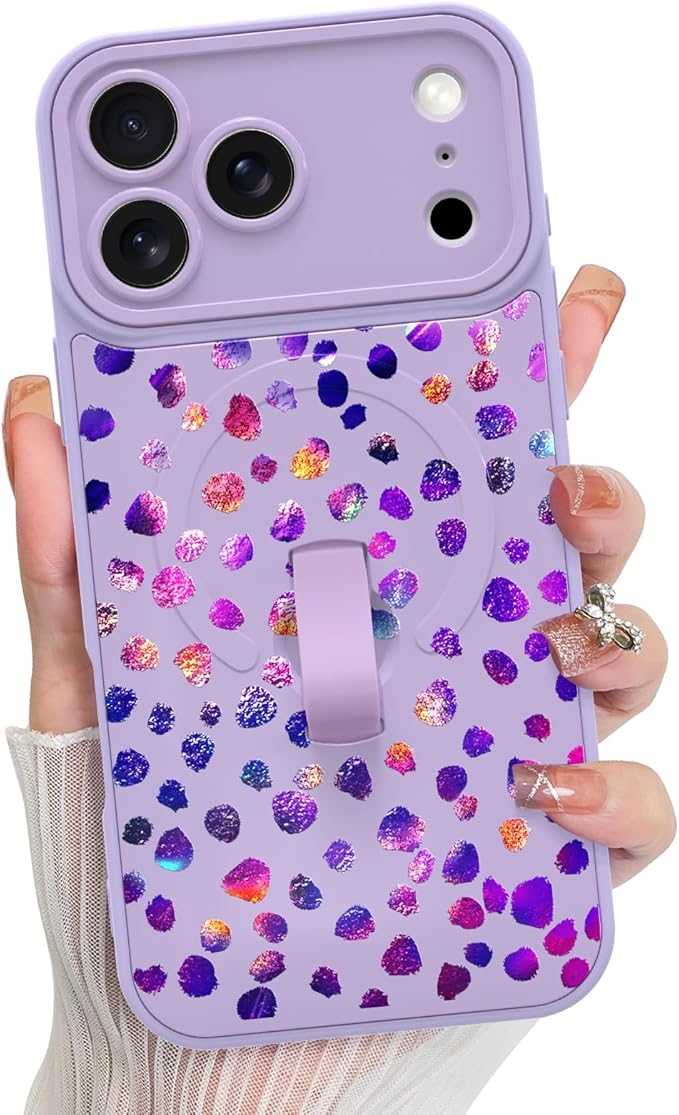 KANGHAR Compatible with iPhone 17 Pro Case, Support for MagSafe, Silicone Cute Iridescent Pattern Leopard Print Cheetah, Wristband Kickstand Shockproof Soft Slim Cover for Girls Women, Purple