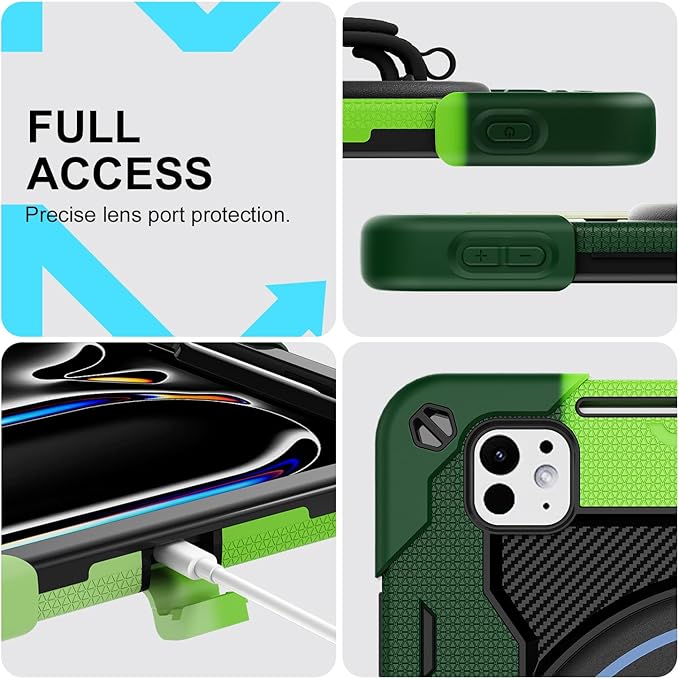 iPad Pro 11 Inch Case M5 2025/M4 2024, Heavy Duty Shockproof Protective Case with Screen Protector, 360° Rotating Stand Hand Strap Shoulder Strap Kids Cover Apple Pencil Holder