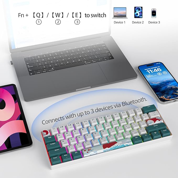Fogruaden 60% Wireless Mechanical Keyboard, Hot Swappable USB-C Wired/Bluetooth Keyboard with RGB Backlit for Win/Mac, 61 Keys NKRO Gaming Keyboards, Double Shot PBT Keycaps(Red Switch, Forest)