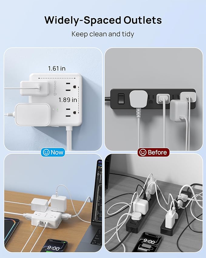TROND Surge Protector Power Strip, 5FT Flat Plug Extension Cord with 8 Outlets & 4 USB Ports (3 USB C), 1625W, Wall Mount Outlet Extender for Home Office Dorm Room Essentials, White