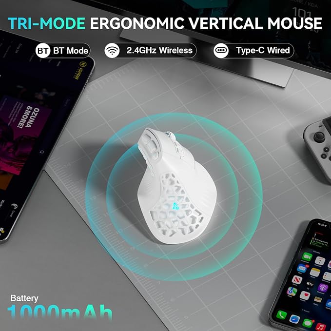 SOLAKAKA E9 Vertical MMO Gaming Mouse,24800 DPI,Tri-Mode Ergonomic Wireless Mouse with 10 Side Buttons,RGB Mouse for PC/Mac - White