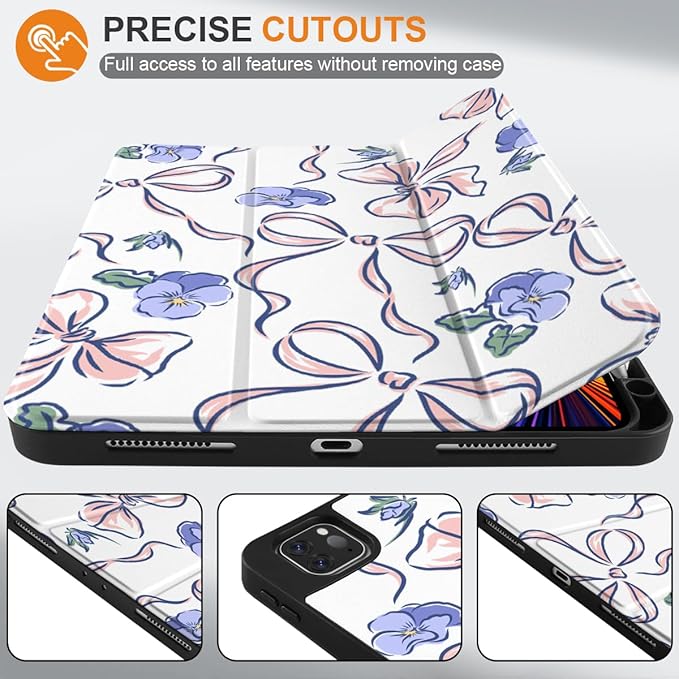 DONGKE Case for 2022/2021/2020/2018 iPad Pro 11 inch Gen 4/3/2/1 - Slim Protective Case - Built in Pencil Holder Support Charging - Trifold Stand & Sleep/Wake Cover- Pansies Flower