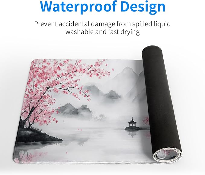 Pagoda Mouse Pad 31.5x11.8 Inch White Full Desk Japanese Mousepad Extended Large Non-Slip Rubber Base Waterproof Big Keyboard Mat with Stitched Edges for Gaming and Office