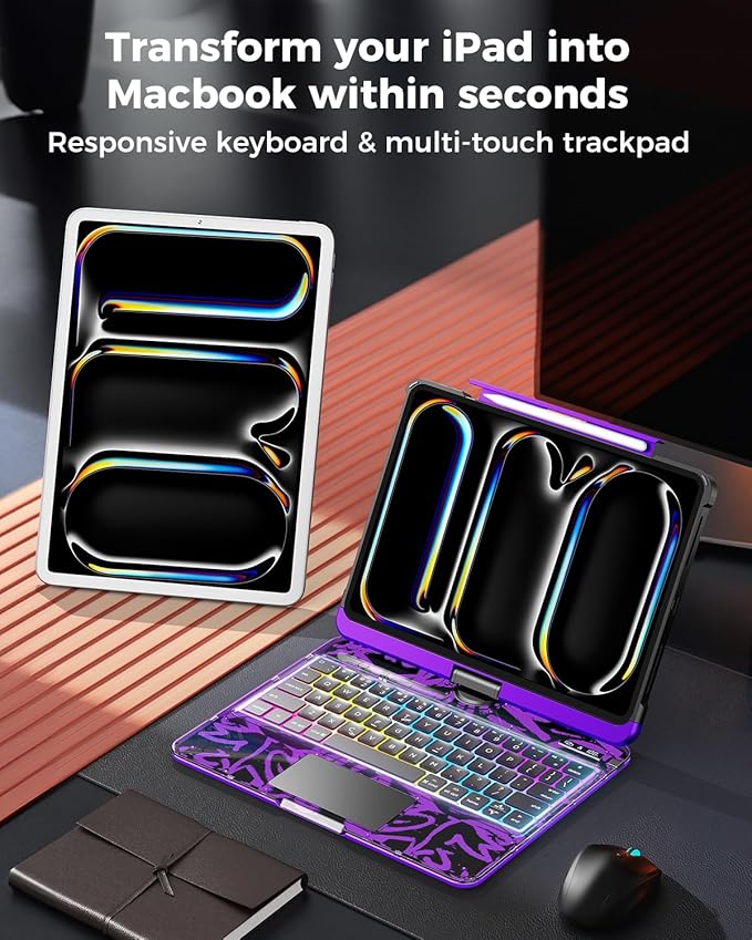 TSQQST Clear Wireless Keyboard Case for iPad Pro 11 Inch (M5/M4) 2025/2024 with Pencil Holder & Multi-Touch Trackpad, Visible PCB, 3-Brightness & 7-Color Backlight, 360° Rotating Stand, Purple