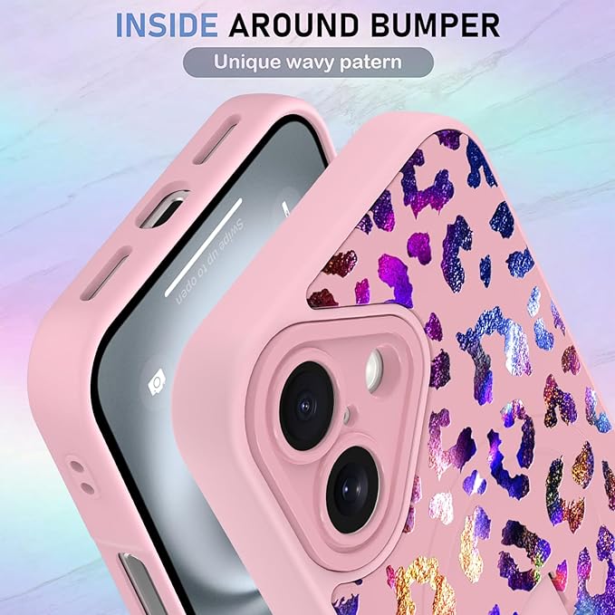 KANGHAR Compatible with iPhone 16 Case, Support for MagSafe, Silicone Cute Iridescent Leopard Cheetah Pattern, Wristband Kickstand Shockproof Protective Slim Cover for Women Girls, Pink