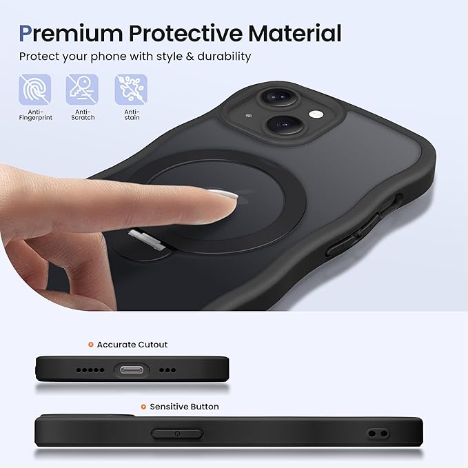 CAPRARO for iPhone 13 Case & iPhone 14 Case with 360° Spin Magnetic Stand for Women, [Compatible with MagSafe] [Camera Protection] Cute Wave Translucent Matte Case for iPhone 13/14, Black