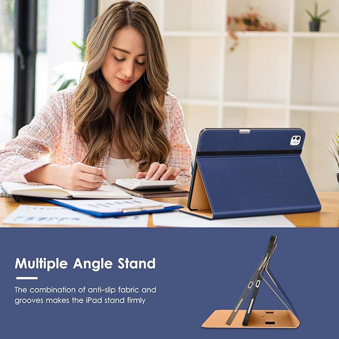 VIKESI Case for iPad Pro 13-inch M5 or M4 Released in 2025 or 2024, Leather Stand Cover with Apple Pencil Holder, Auto Wake/Sleep, Multiple Viewing Angles, Built in Hand Strap & Pocket,Navy Blue