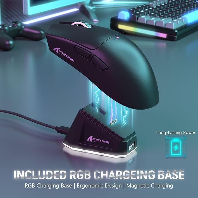 MAGIC-REFINER Attack Shark X11 59g Superlight Wireless Gaming Mouse with Magnetic RGB Charging Dock，BT/2.4G Wireless/Wired Mouse, 22000 DPI，5 Programmable Buttons for PC/Laptop/Mac（Black）