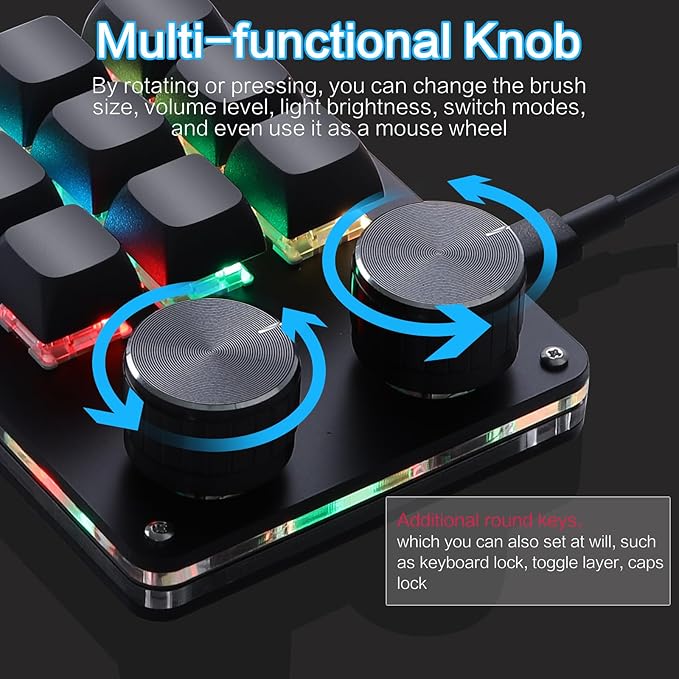 Koolertron Macro Programmable Keypad, One Handed Programmable Mechanical Keyboard, RGB Blue Switch Hot Swappable, 9 Keys 2 Knob Backlit Keypad for Working and Gaming, Black