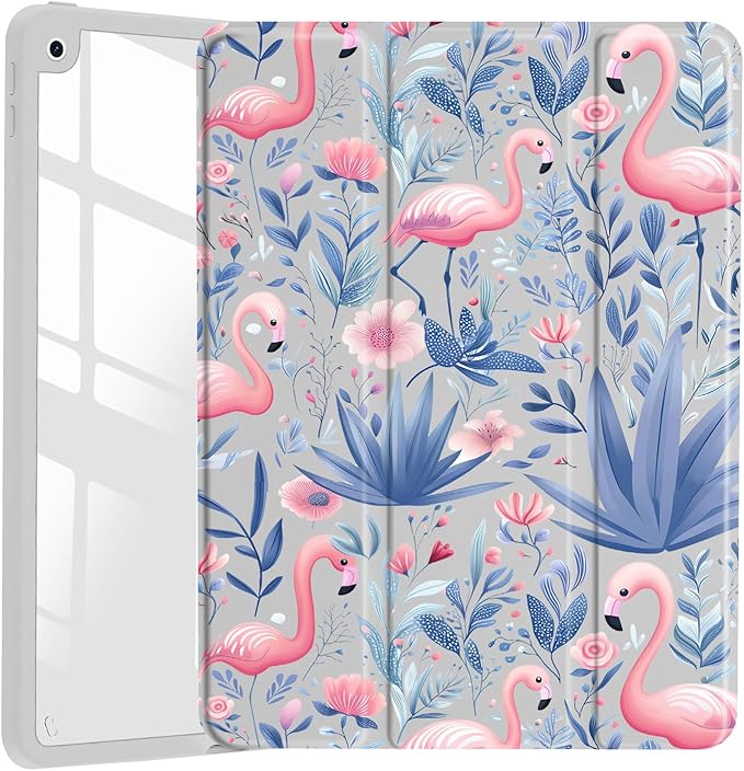JOYLAND Elegant Flamingo Case for iPad mini 7th(A17 Pro) 2024 / Mini 6th Generation 8.3" 2021,Clear Transparent Acrylic Hard Back Grey Case with Pencil Holder Trifold Stand Tablet Cover