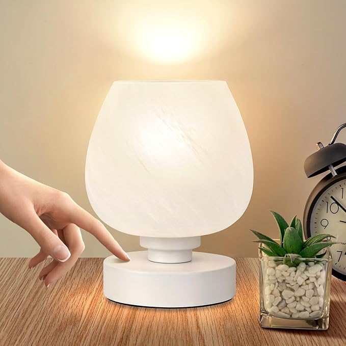 Bedside Table Lamp - Touch Small Lamp for Bedroom Nightstand, 3-Way Dimmable, White Opal Glass Shade, Warm LED Bulb Included